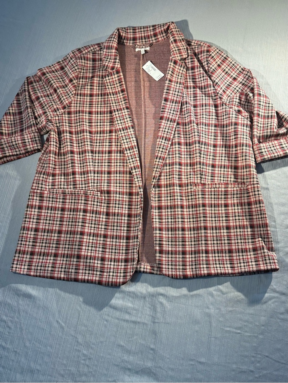 Maurices Plaid Open-Front Blazer in Red and Cream Tones - Picture 1 of 6